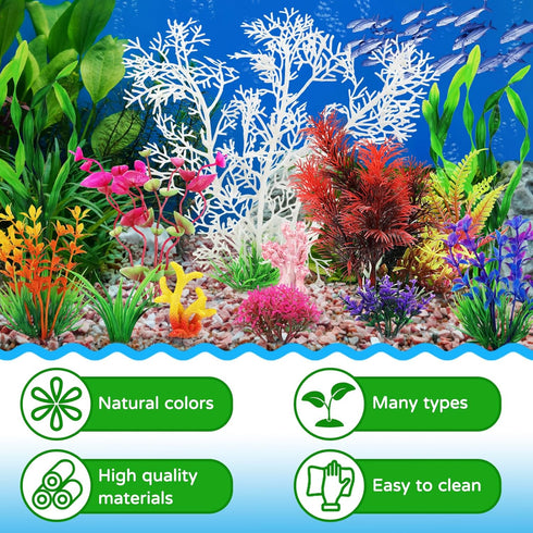 Aquarium Decorations Plants with Resin Coral, 12 pcs Small Plastic Fish Tank Accessories, Artificial Plant Decor
