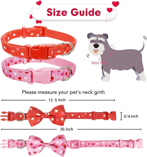 Valentine's Day Dog Collar with Bow Tie, Cute Holiday Collar for Medium Dogs, Boys, Girls, Puppy Pets.