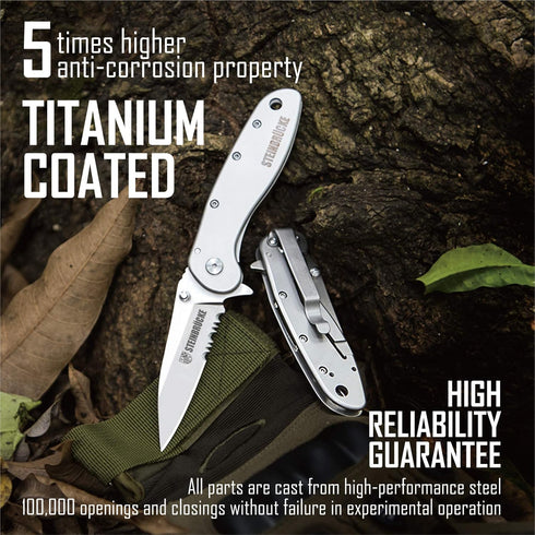 Folding Pocket Knife with Clip - 3.1” Sandvik 14C28N Stainless Steel Blade, Titanium Coated Serrated, SS410 Handle for