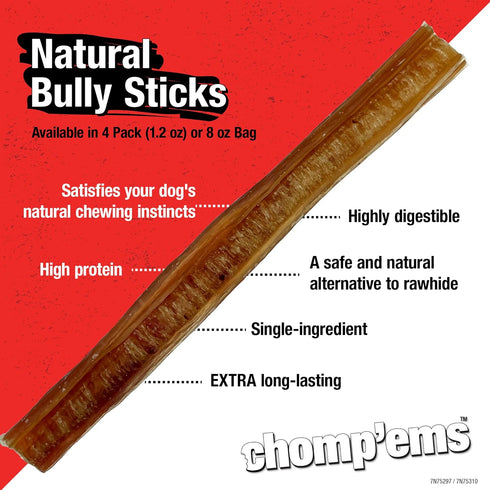 Chomp'ems Naturally Delicious Bully Sticks - Long Lasting No Hide Dog Chews, 8 Oz, No Artificial Additives