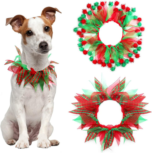 cyeollo 2 Pack Dog Collar - Elastic Adjustable Valentines Holiday Collars with Pom Pom Ornaments for Medium Dogs