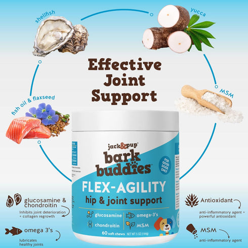 Jack&Pup Dog Joint Supplement Flex-Agility Bark Buddies - Glucosamine Chondroitin Hip and Joint Chews (5oz, 60 Ct)