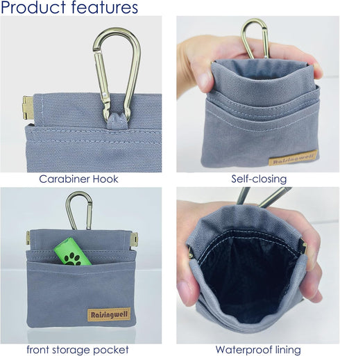 Raisingwell Dog Treat Pouch, Small Cotton Pocket Sized Training Holder, Hand Free Walking Fanny Bag with Carabiner