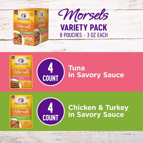 Wellness Healthy Indulgence Morsels Grain-Free Wet Cat Food, Made with Natural Ingredients and Quality Proteins, Complete and Balanced Meal, 3 oz Pouches (Morsels Variety Pack, 8 Pack)