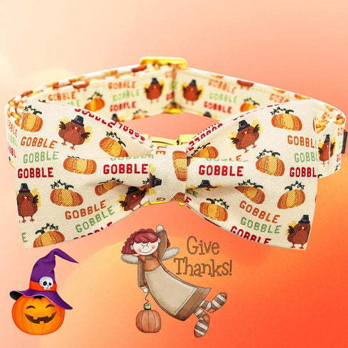 Dog Collar, Thanksgiving Turkey Pet Collar Bow, Holiday Adjustable Collar for X-Large Dogs