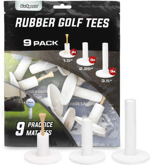 GoSports 9 Pack Rubber Golf Tees - 3x of 1.5 Inch, 2.25 Inch, and 3.5 Inch Tees for Universal Use with Artificial Turf