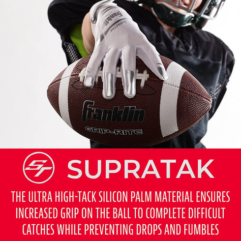 Franklin Sports Supratak Football Receiver Gloves | White/Chrome | Youth Small