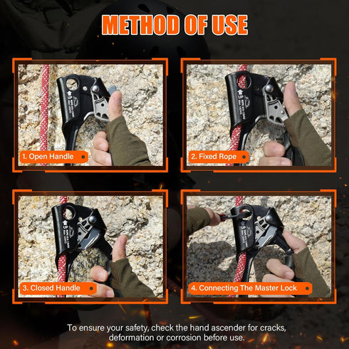Hand Ascender Climbing Gear, High Strength Aluminum Alloy with Ergonomic Rubber Handle for Rock Climbing