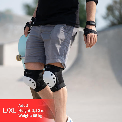 SKATEWIZ Knee Pads for Skating - Adult Knee and Elbow Pads Set for Women, Size L/XL in Black White