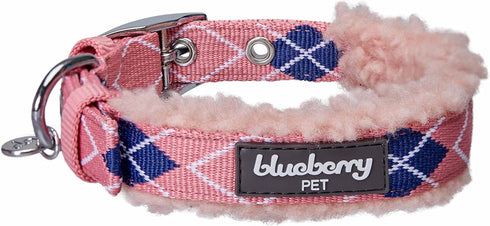 Blueberry Pet Soft & Comfy Scottish Argyle Fleece Padded Dog Collar - Pink, Neck 13-16.5", for Medium Breed