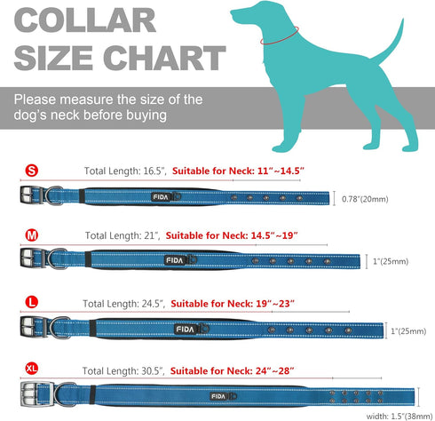 Fida Heavy Duty Dog Collar - Ultra Soft Neoprene Padded, Adjustable Reflective Nylon for Extra-Large Breeds (XL, Blue)