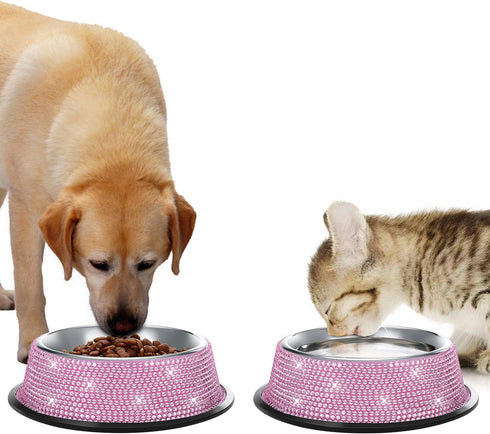 SAVORI Bling Dog Bowls - Pink, 640ML Handmade Rhinestones Stainless Steel Pet Bowls, Set of 2