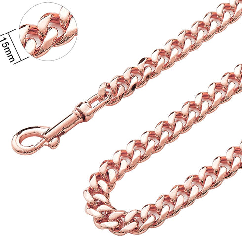 Dog Chain Leash - Rose Gold 15MM Heavy Duty with Leather Padded Handle, 5ft Length for Small Dogs