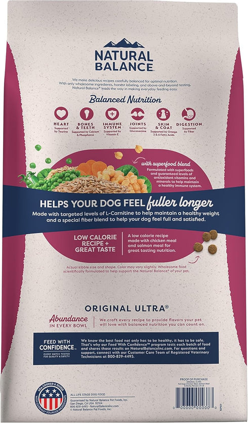 Natural Balance Original Ultra Fat Dogs, Chicken Meal, Salmon Meal & Barley Recipe, Low Calorie Dry Dog Food, 11 Pounds