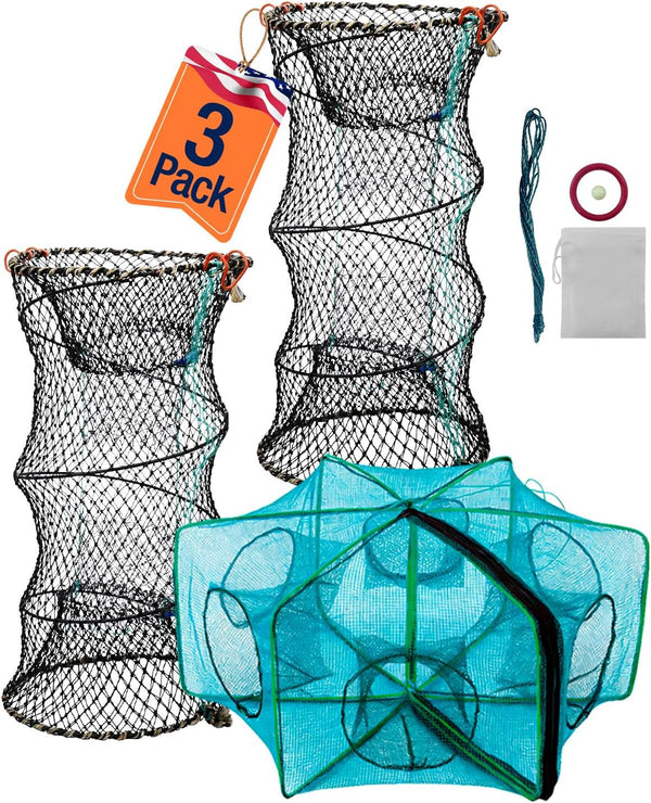 DHOEM 3 Pack Collapsible Hexagon Crab Trap, Cylindrical Crawfish & Bait Trap 12"x21"