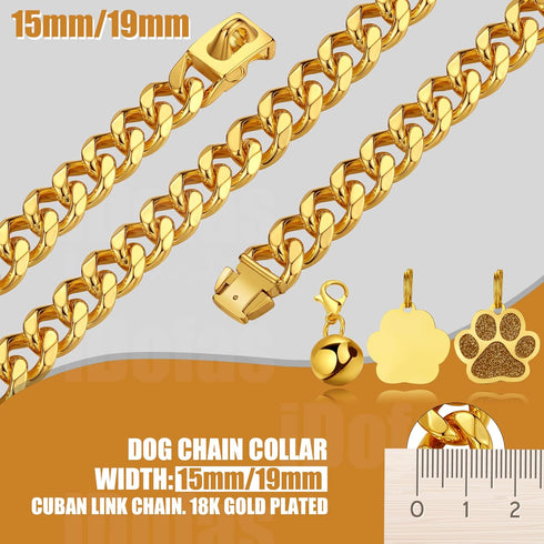 15mm & 19mm Thick Dog Chain Collar with Quick Release Buckle, 18K Gold Chain for Small, Medium, Large Dogs (19MM, 20")