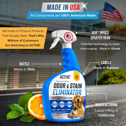 32 oz Pet Odor and Stain Eliminator - ACTIVE Enzyme Cleaner for Dog & Cat Urine, Stain Remover Spray for Carpet