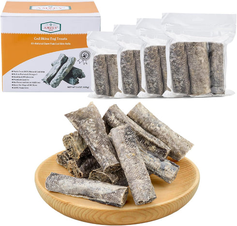Amzey Cod Skin Dog Treats, 24 OZ, Pack of 4 Resealable Bags, 100% Natural Dried Cod Fish Chews, High Protein Omega-3