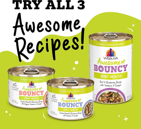 6oz (Pack 8) Weruva Awesome Bouncy Wet Dog Food, Beef & Brown Rice, Can