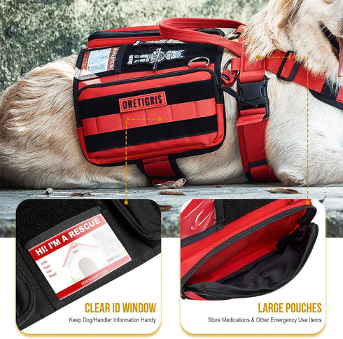 OneTigris Service Dog Vest Harness, Red, Large, Molle Backpack with Pouches for Medium & Large Dogs