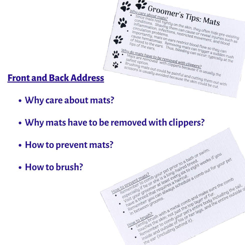 Dog Groomer Matted Fur and Brushing Care Cards (100 pack, 3.5" X 2") for Hematomas, Mats, Combing