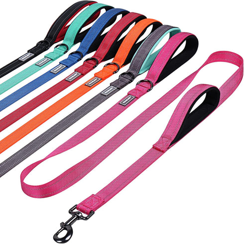 VIVAGLORY Traffic Handle Dog Leash with Two Padded Soft Handles, Reflective Training Lead, Pink