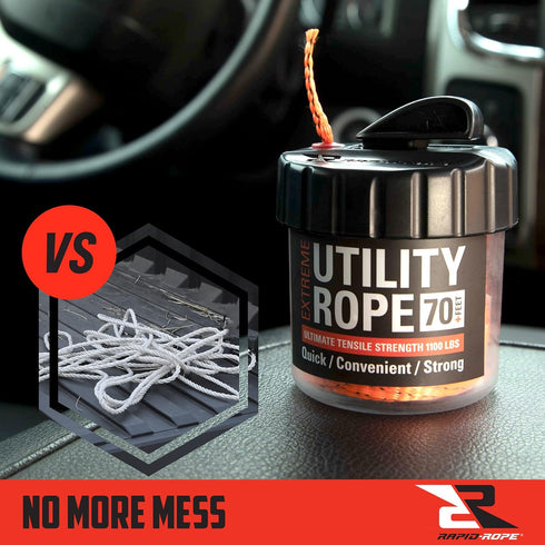 Rapid Rope Canister 70ft - Orange Flat Tactical Paracord, 1100lb Tested Heavy Duty Poly Rope with Non-Tangle Dispenser