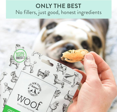 WOOF Freeze Dried Dog Treats, New Zealand Green Mussels, High Protein for Dogs, 1.76 oz