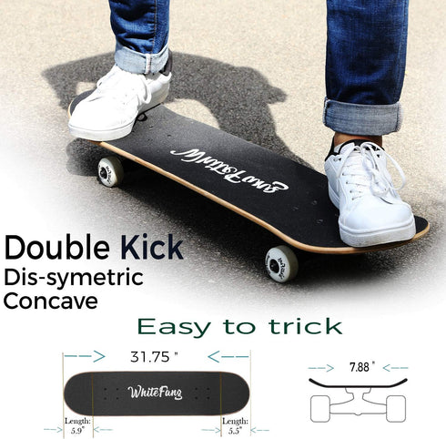 WhiteFang Complete Skateboard 31 x 7.88 for Beginners, 7 Layer Canadian Maple Double Kick Concave Standard and Tricks
