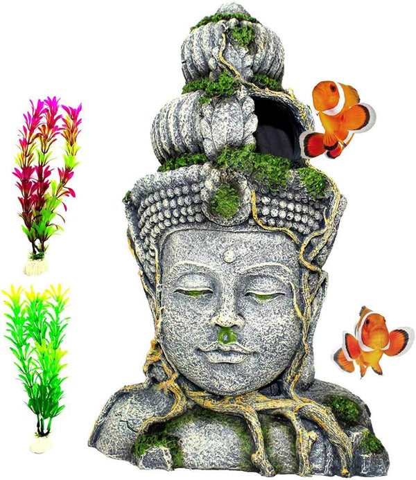PINVNBY Large Buddha Head Statue Decorations for Fish Tank, Resin Ornament, Betta Hideout Cave for Small Fish and