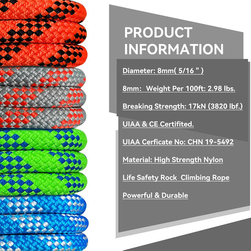 SEAMUS 8mm Prusik Accessory Cord 15M, UIAA Rock Climbing Rope, 14Kn High Tensile Strength