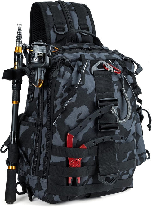 Night Cat Fishing Tackle Backpack, Fly Fishing Sling Bag with Rod Holder and Storage