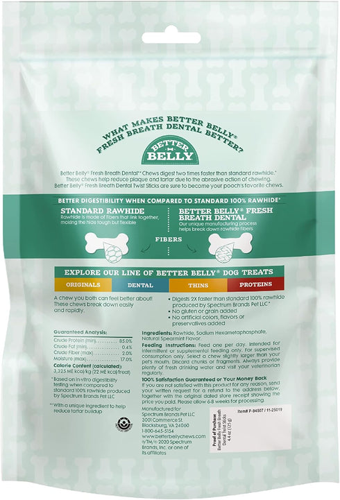Better Belly Fresh Breath Dental Twist Sticks,Highly Digestible Rawhide for Dogs, 25 Count