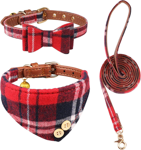 3 PCS Puppy Collar and Leash Set, Dog Collars for Small Dogs with Bow Tie, Bell, and Bandana Leather Collar for Puppies
