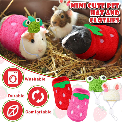 Mixweer 4 Pieces Guinea Pig Stuff, 2 Clothes and 2 Mini Hats with Adjustable Strap, Warm Vest for Guinea Pig, Hamster,