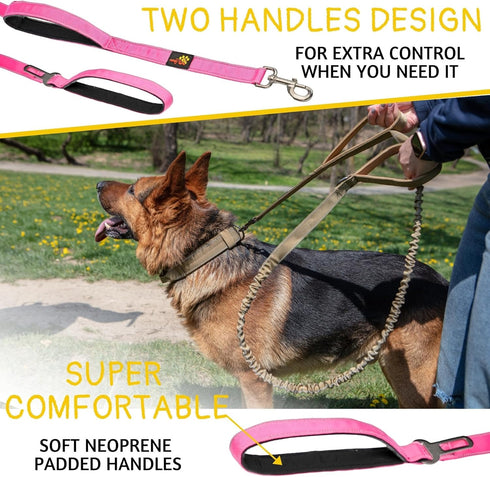 Heavy Duty Bungee Dog Leash - 6 ft - 7.5 ft for Large Medium Dogs, Reflective, Pink