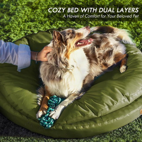 ClevaHome Orthopedic Dog Bed for Large Dogs - Dual Layer Water Repellent Round Pet Bed with Washable Cover, Olive Branch