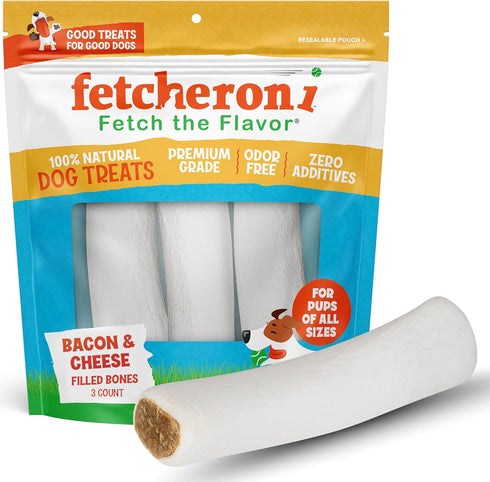 Stuffed Dog Bone, 5 to 6 Inches, Bacon and Cheese - Long Lasting Chew for Training and Treats