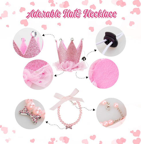 Dog Birthday Outfit Pink Tutu with Birthday Hat, Necklace & Bowtie Hairpin for Dogs (16-23 inch Wrist)