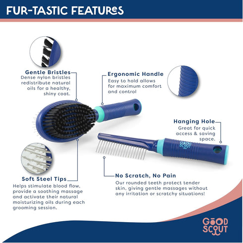 Good Scout 2-Piece Deshedding Tool Set with Cat & Dog Comb for Grooming/Matting & Bristle Brush