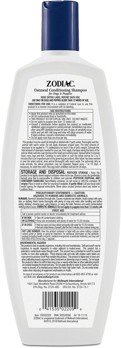 18 Zodiac Oatmeal Conditioning Shampoo for Dogs & Puppies ounces, Small