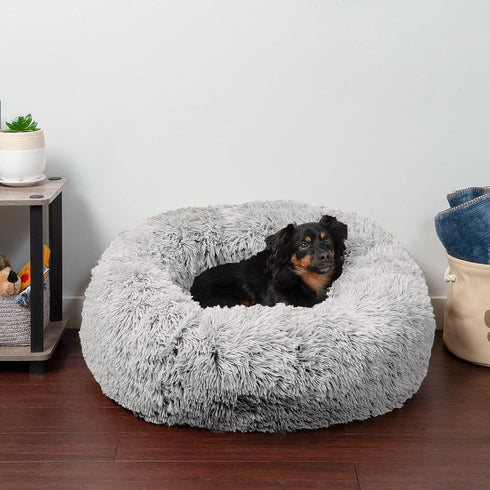 Furhaven 30" Round Calming Donut Dog Bed for Medium/Small Dogs, Refillable with Removable Washable Cover, Mist Gray,