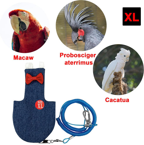 CAIRIAC (1PCS, Parrot Clothes - Diaper Bird Flight Suit with Adjustable Straps and Training Rope Denim Blue, XL-Code)