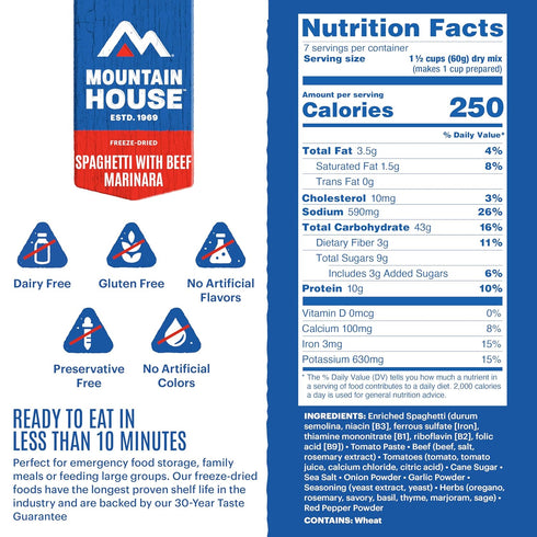 #10 7 Mountain House Spaghetti with Beef Marinara Can | Freeze Dried Survival & Emergency Food | Servings