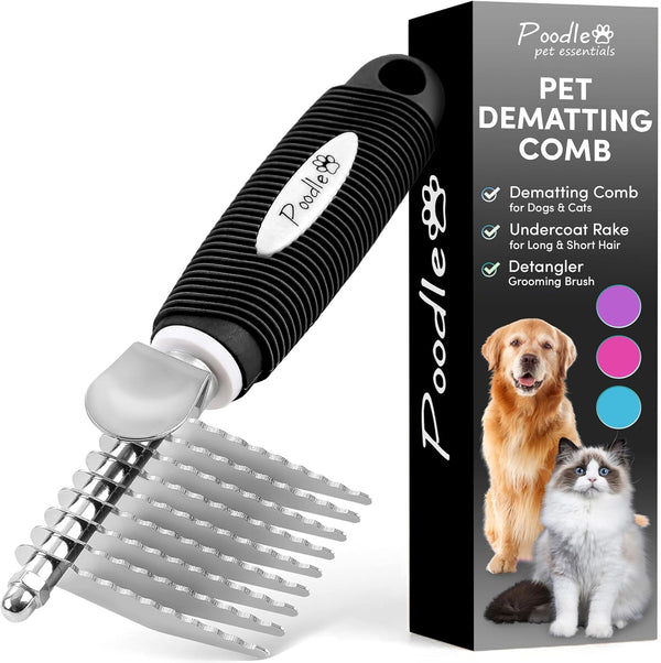 Poodle Pet Dematting Fur Rake Comb Brush Tool - Dog and Cat Comb with Long 2.5 Inches Steel Safety Blades (Black)