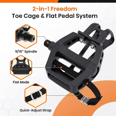 9/16'' 500lb Bike Pedals with Toe Cages for Regular or Clipless Shoes, Spindle, Compatible with Mountain Road Bikes