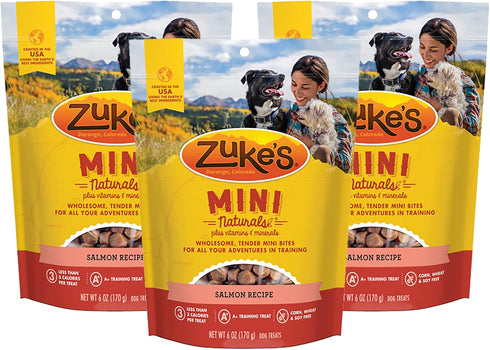 Zuke's Mini Naturals Dog Training Treats, Salmon Recipe, Soft Mini Treats with Vitamins, 6 Ounce Bag (Pack of 3)