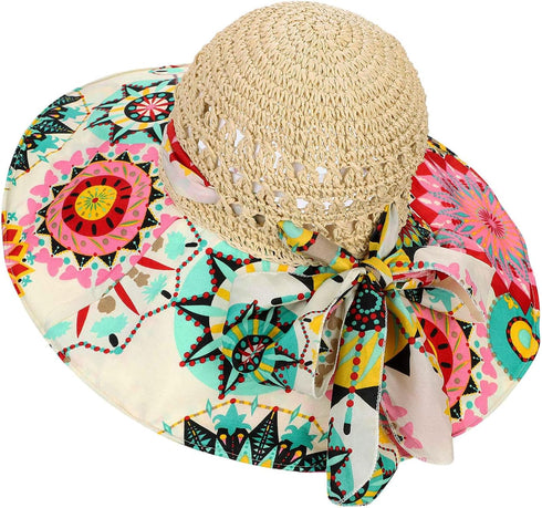 Summer Wide Brim Beach Hats for Women, Anti-UV Flower Floppy Foldable Roll Up Cap