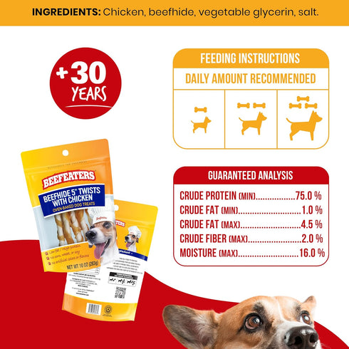 Beefeaters Beefhide 5in Twist with Chicken Dog Treats, 10 oz, High Protein, Low Fat, Promotes Clean Teeth