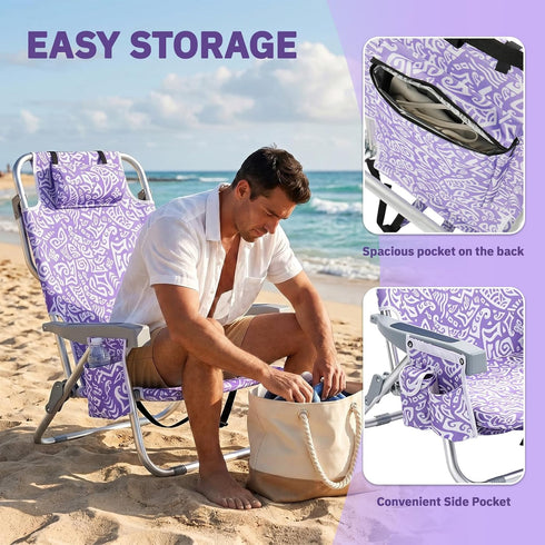 Pinikuyiro Backpack 220LBS Beach Chairs for Adults, Compact Portable Lay Flat Folding Beach Chair with Straps and Large
